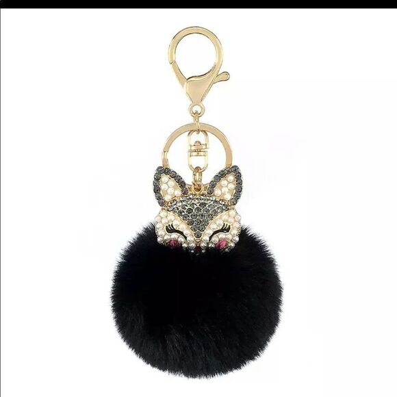 BLACK CRYSTAL/PEARL FOX POMPOM KEYCHA… - Picture 1 of 1